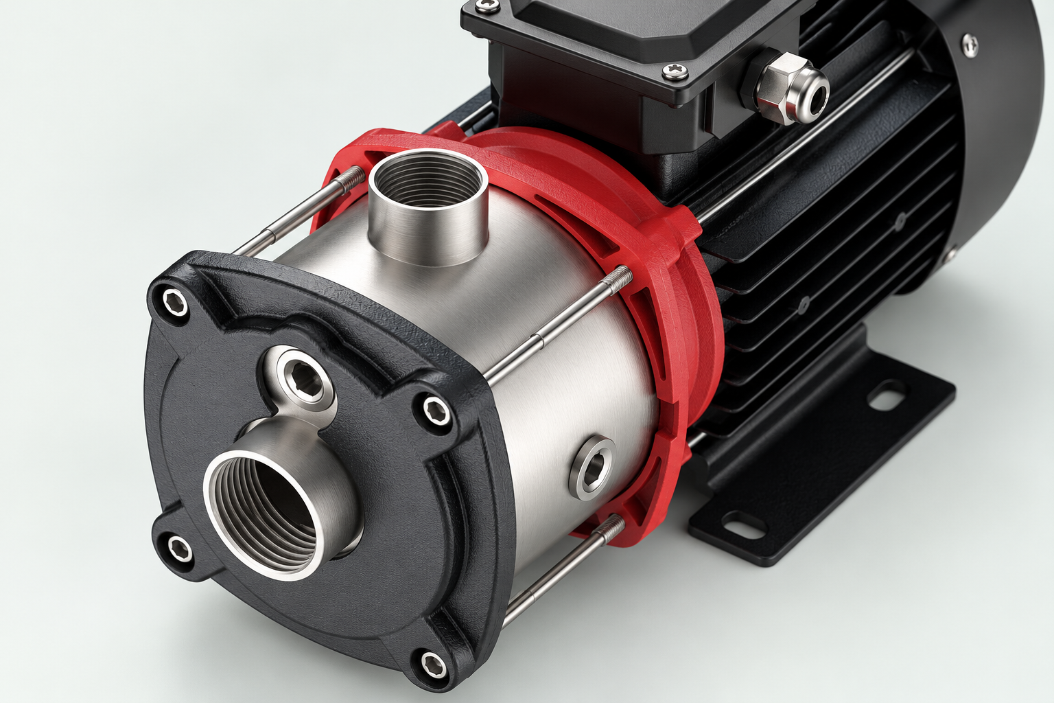 Close-up of the CHM stainless-steel casing, threaded connections, tie rods and red coupling housing