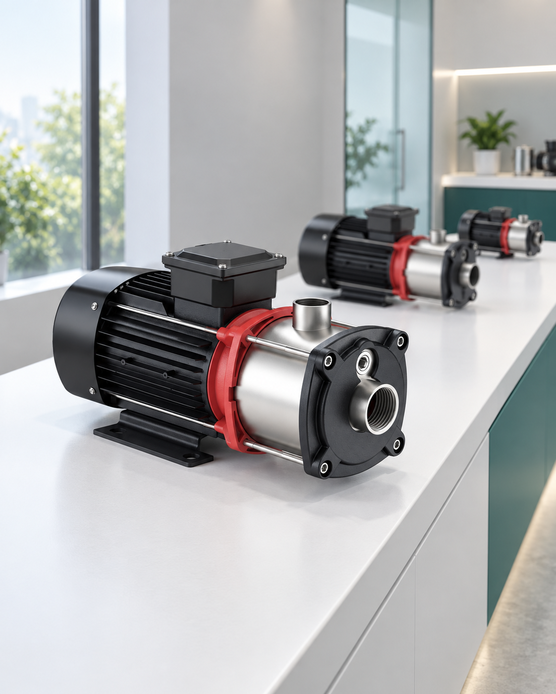 Illustrative light pump showroom with a CHM model displayed on a white counter; AI-generated visualization