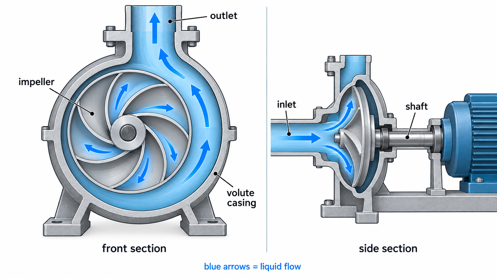 centrifugal pump schematic showing axial inlet radial flow volute casing outlet and shaft