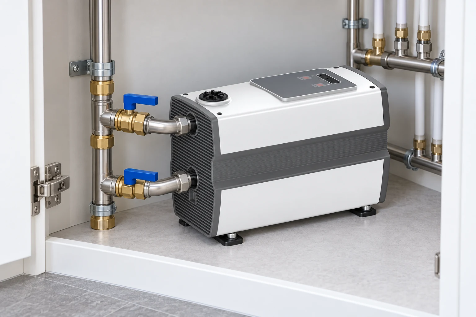 ECO Smart booster pump installed in a residential utility cabinet