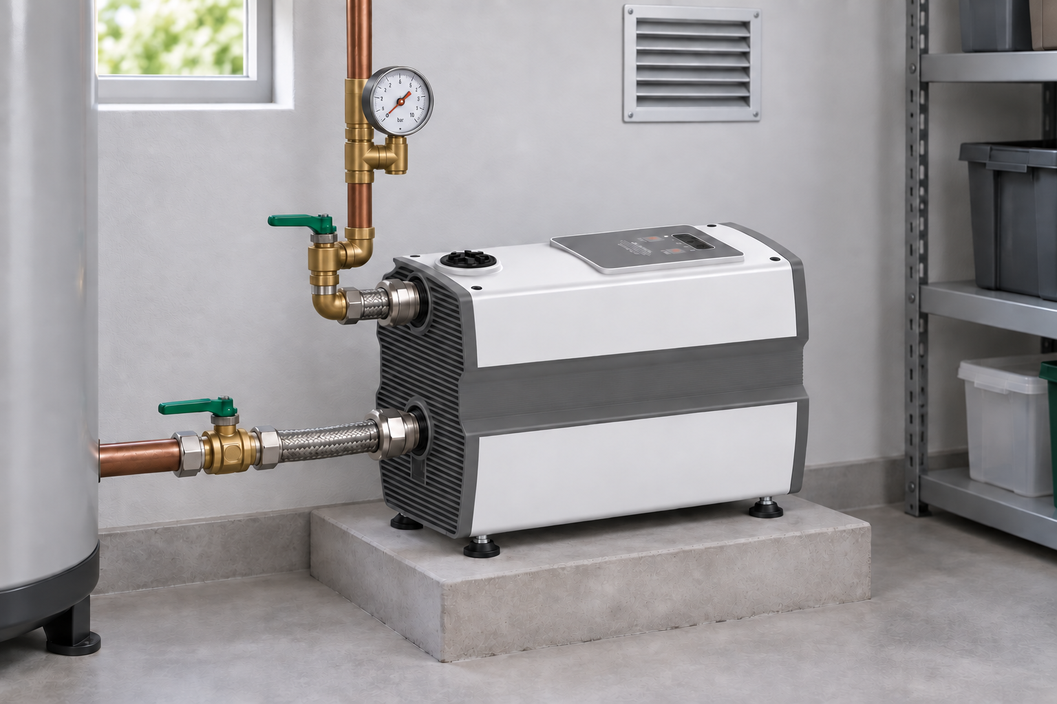 intelligent water pressure booster pump installed in a home utility cabinet