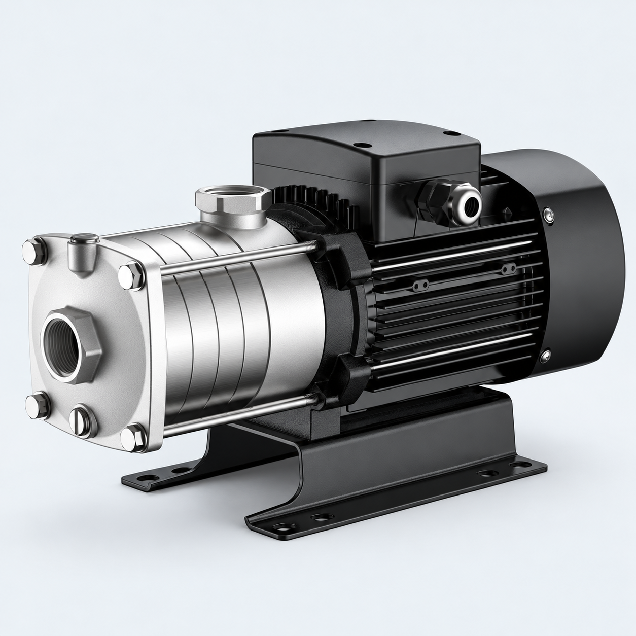 Different viewing angle of a CHLF multistage pump, with stainless-steel inlet casing on the left
