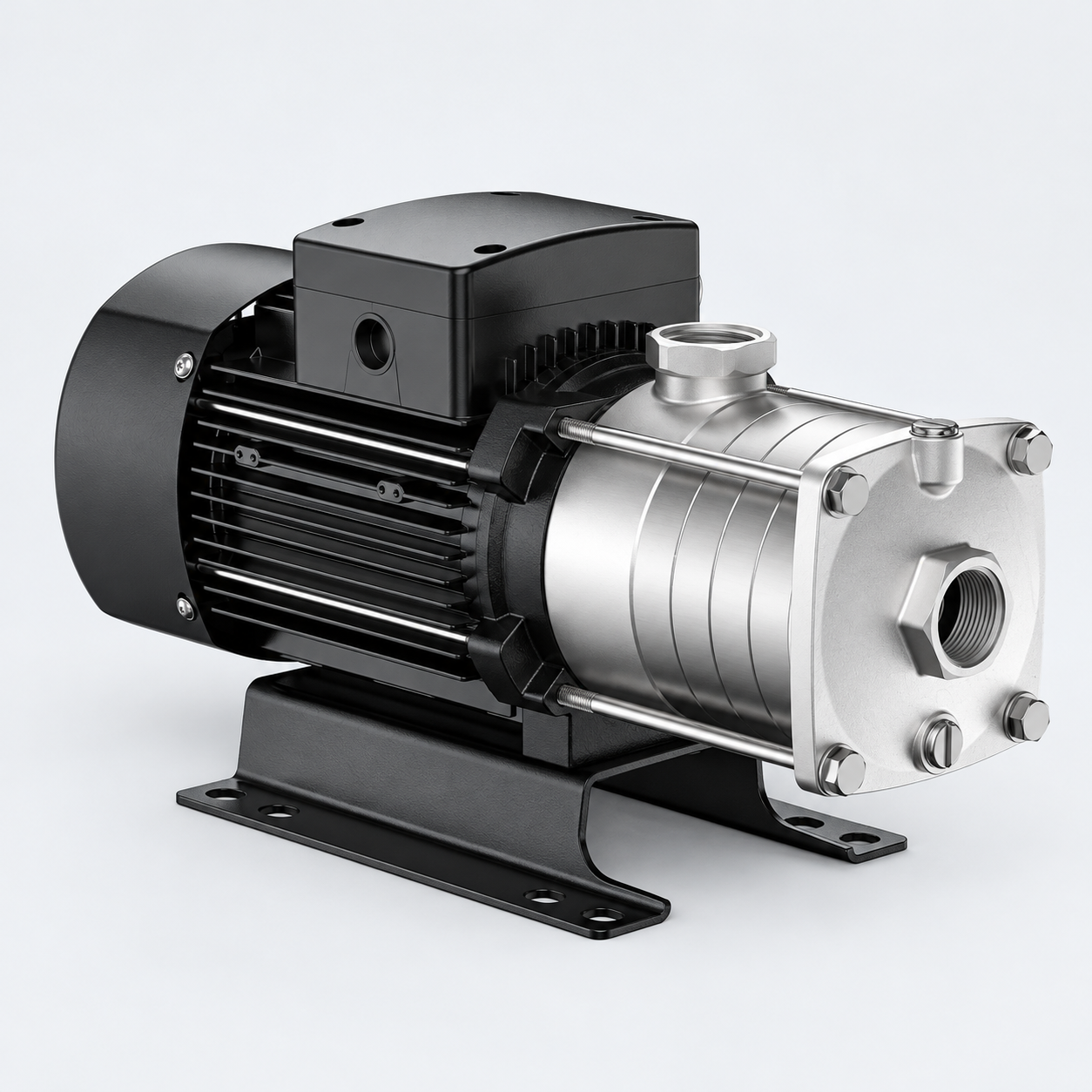 CHLF horizontal multistage pump, showing stainless-steel hydraulic casing and black motor, on a light studio background