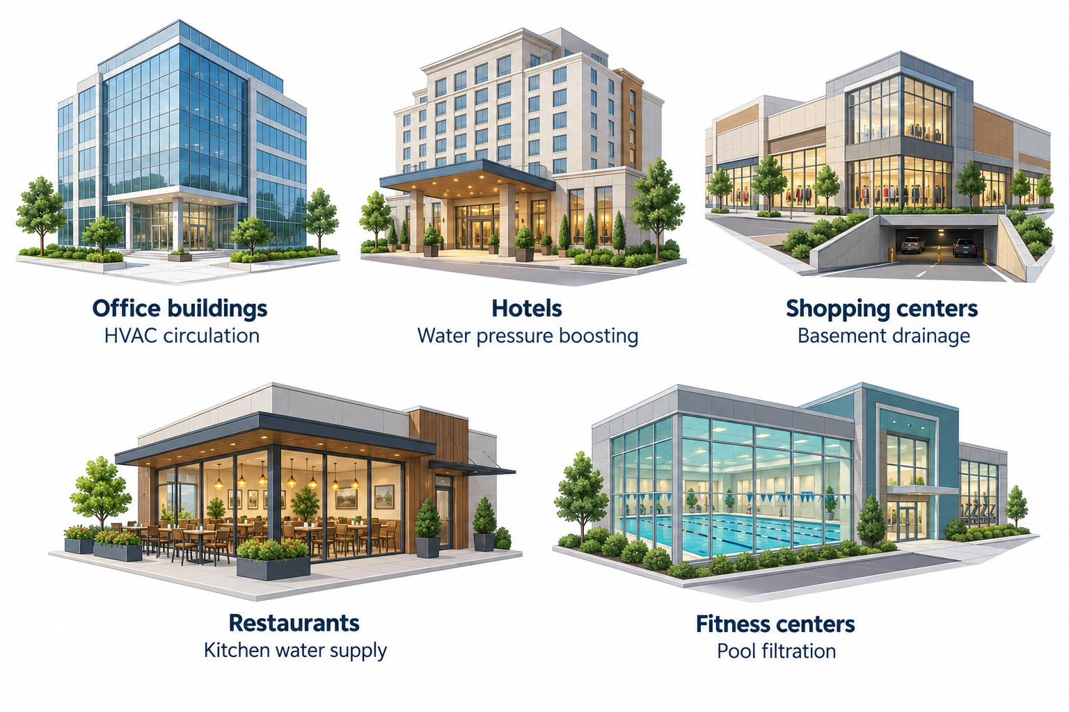 commercial water pump applications in offices hotels shopping centers restaurants and fitness centers