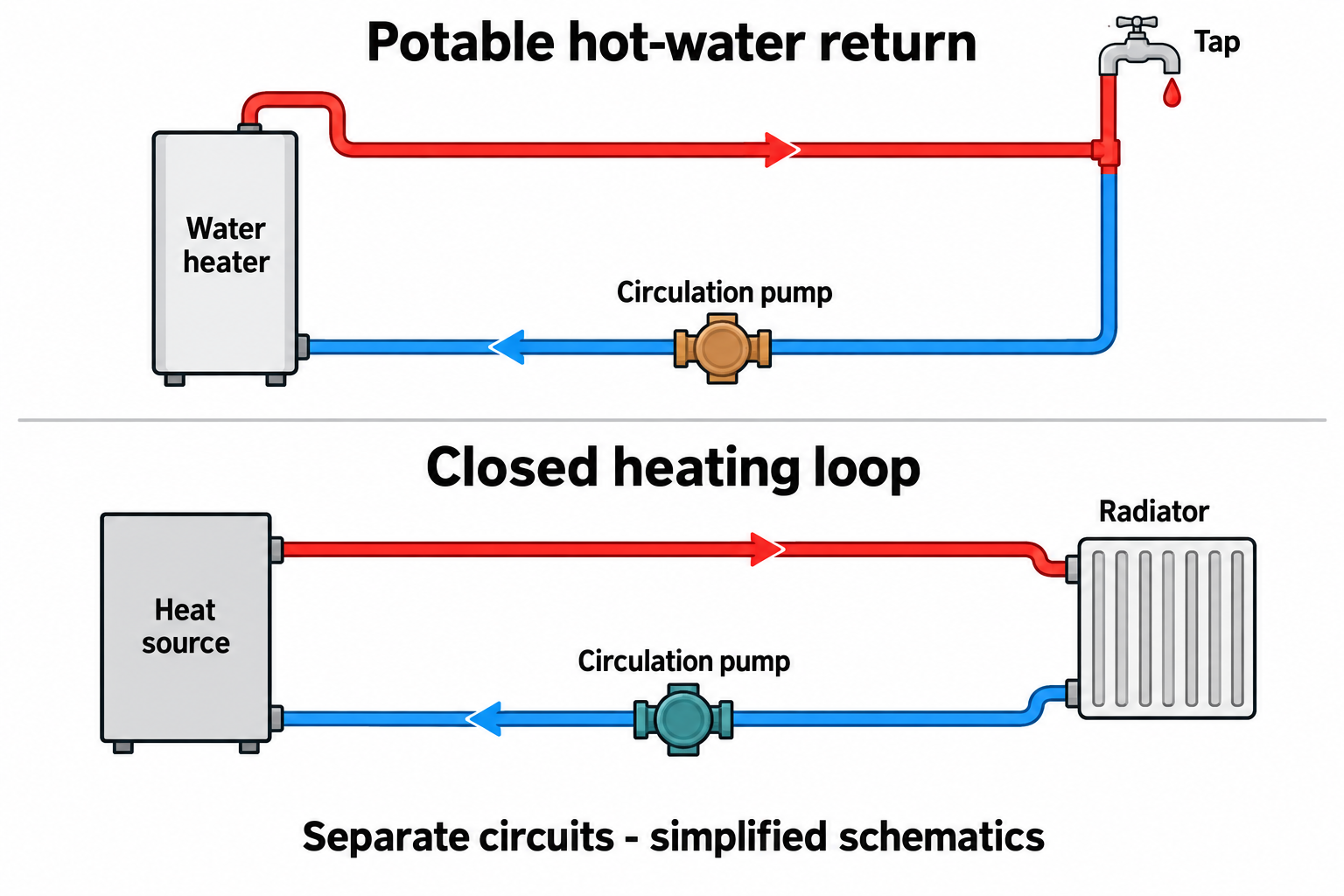 separate potable hot water return loop and sealed radiator heating loop with circulation pumps